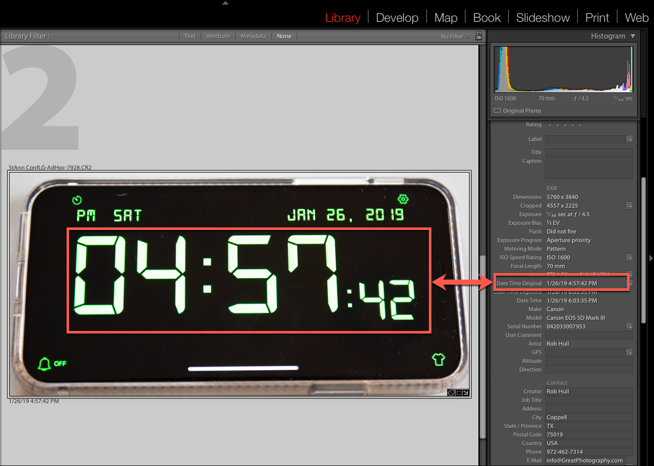 Using a photo of the correct time, you can adjust the capture date and time metadata to the correct time.