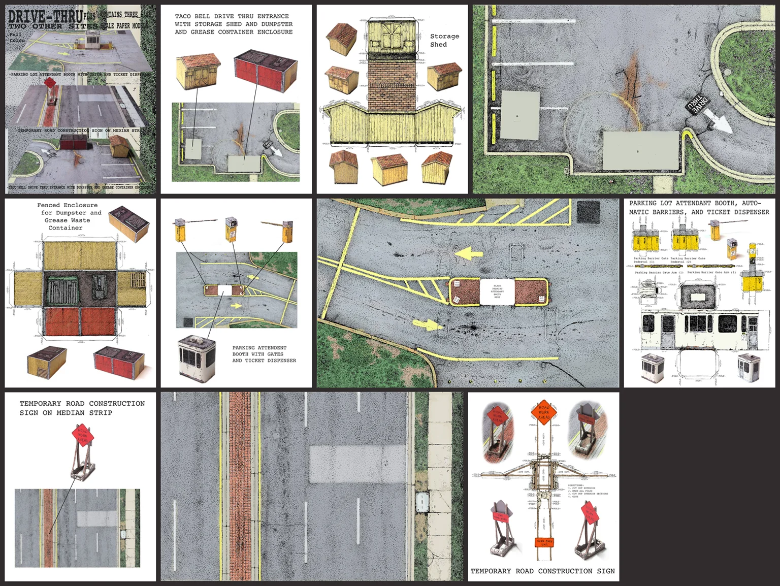 Drive Thru's contains three color 1/48th scale paper kits of sites in Baltimore County.  $8, color xerox, 2014, 10"x8"