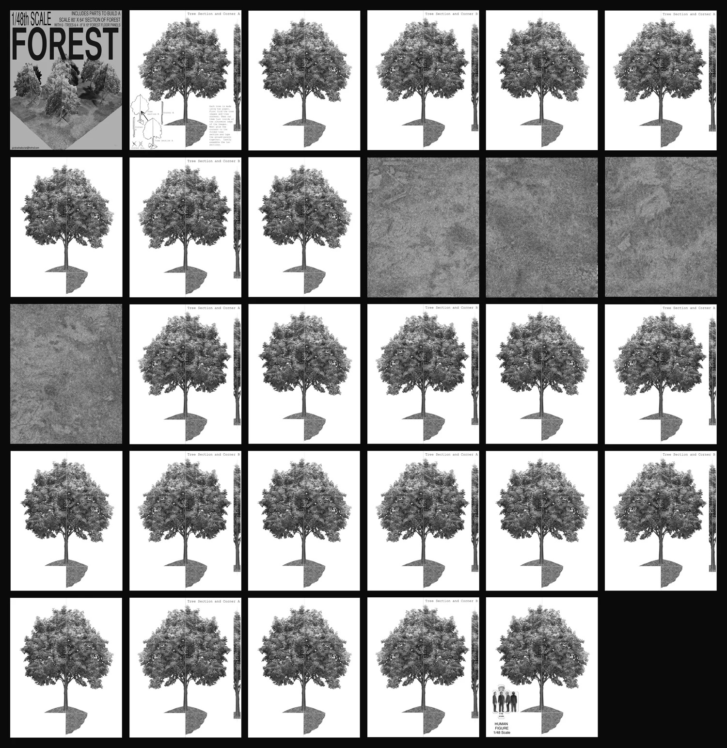 1/48 Scale Forest Section contains 4 forest floor panels and 12, 2-sided pages to make 6 trees. $5, laser printed, 2015, 11"x8.5"