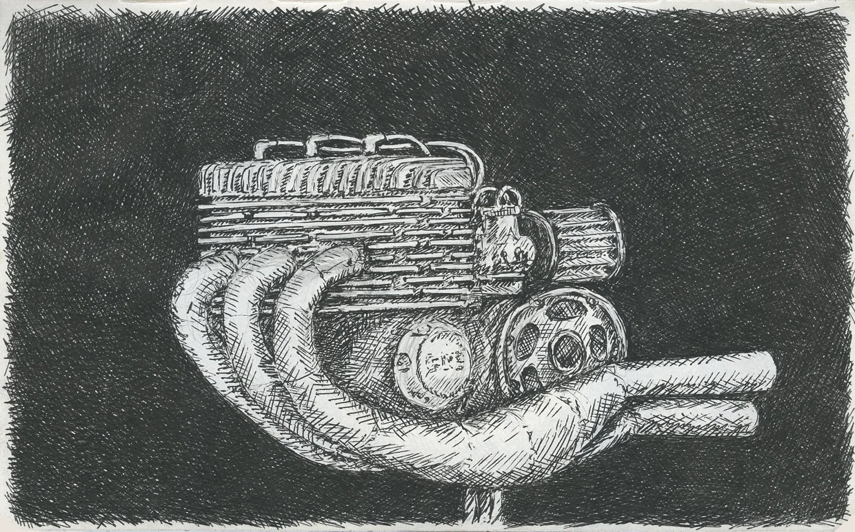 Motor2/2016, two-stroke air cooled triple with integrated transmission.