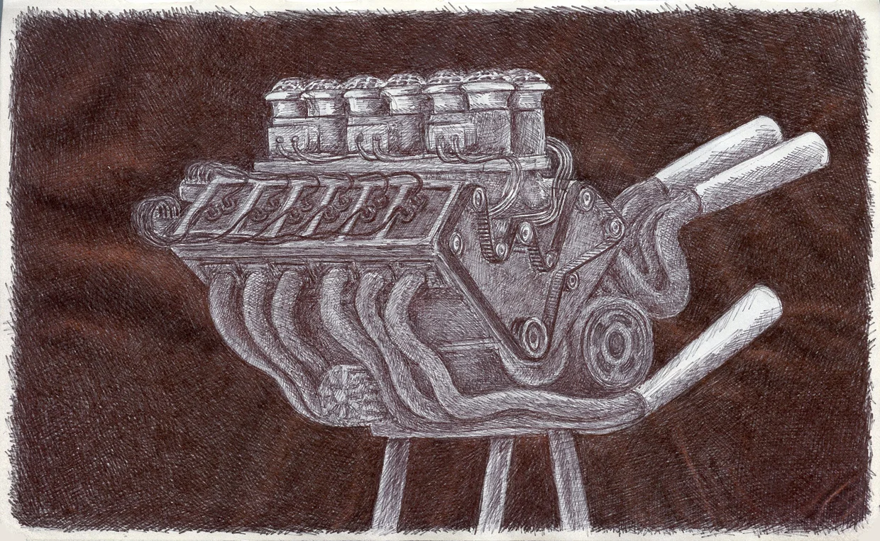 Motor 9/2016, transverse water cooled V12 with belt driven double overhead cams, six dual throat carburetors, dual ignition, and integrated transmission.