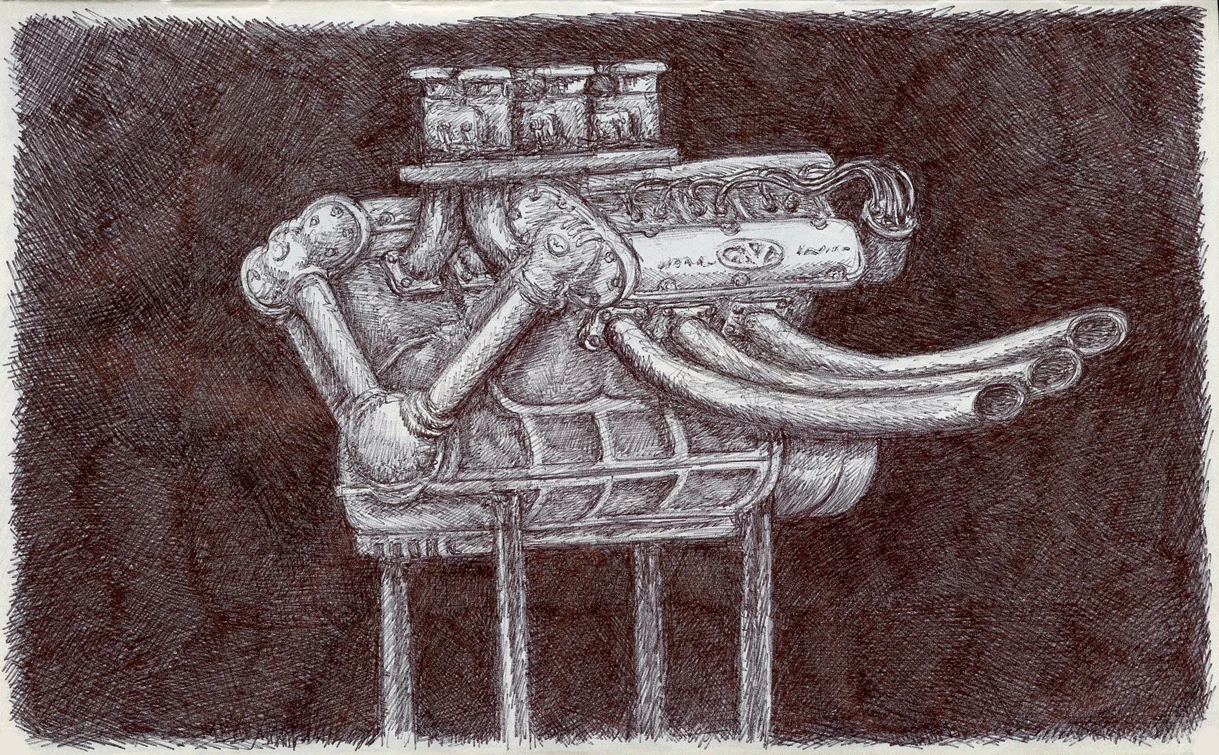 Motor1/2016, double overhead cam V6 with pinion driven cams, dual spark plugs, triple dual throat carburetors, and straight exhausts.