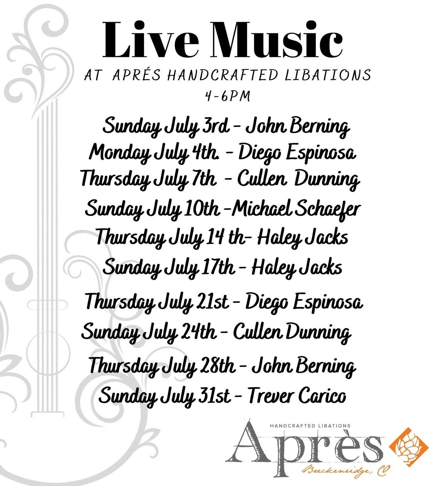 Presenting our Live Music Schedule for July! Check out our local musicians on Thursdays and Sunday 4-6pm.

Music starts at 12pm on Fourth of July!