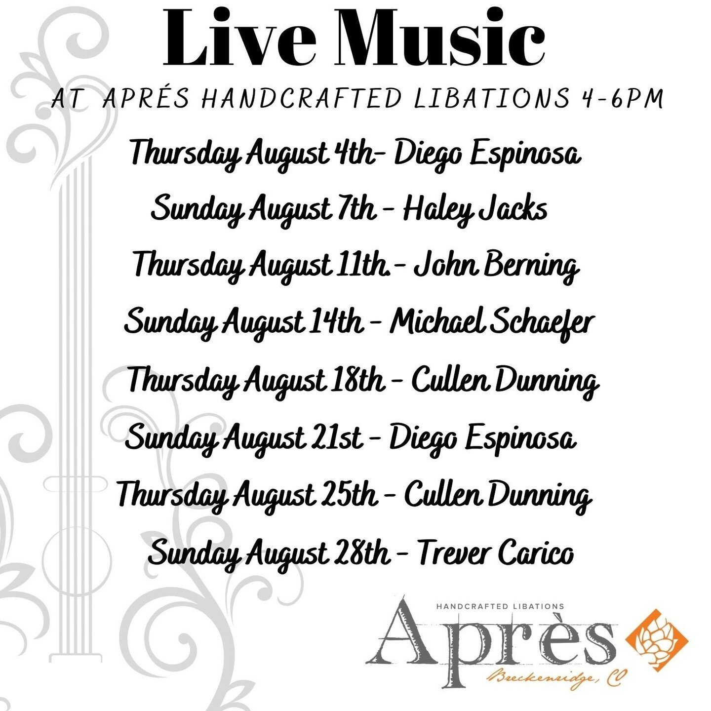 Presenting Apr&eacute;s Handcrafted Libations Music Schedule for August! Join us on Thursday's and Sunday's from 4-6pm. Check out our talented local musicians and enjoy a craft cocktail, craft beer or our extensive local craft spirit selection! 

#lo