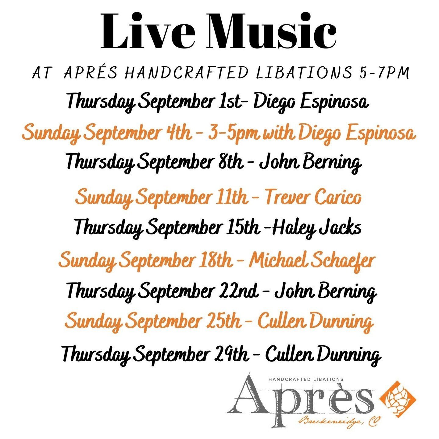 We are continuing our live music on Thursdays and Sundays in September from 5-7pm at Apr&eacute;s Handcrafted Libations. Join us for Happy Hour on Sunday the 4th featuring Diego Espinosa playing from 3-5pm! 

Enjoy our local craft selection of beers 