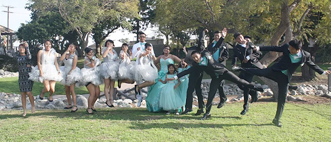 -cheesy jumping pose.