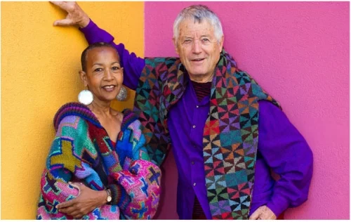 Stunning knitwear patterns and colours from Kaffe Fassett. Image via Fashion & Textiles Museum London