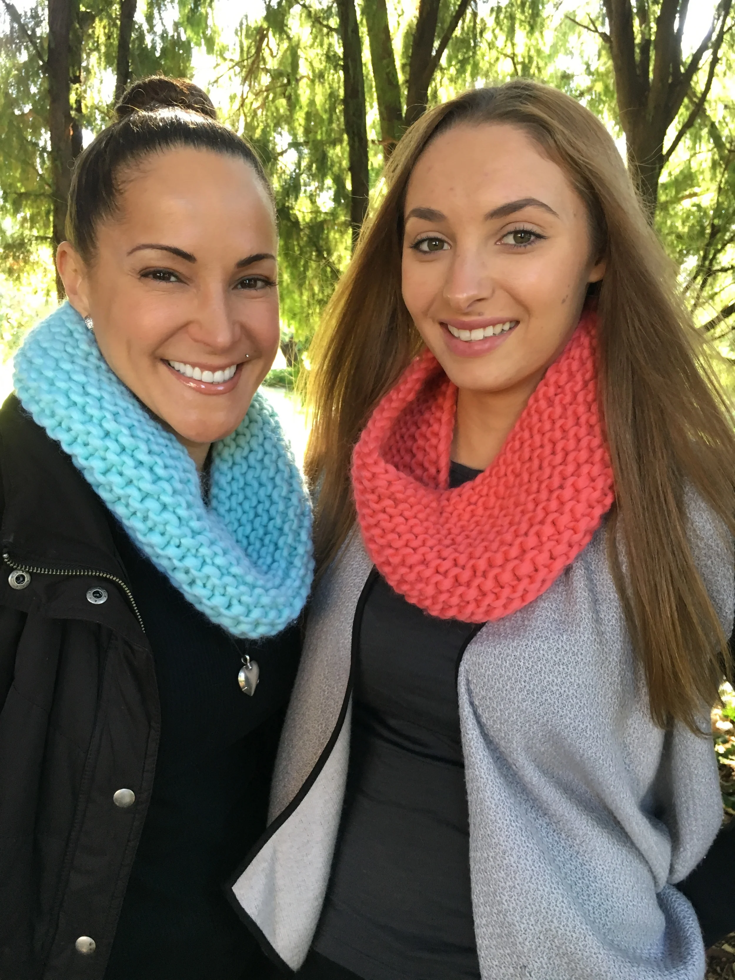 Mint and Coral Handknit Cowl 