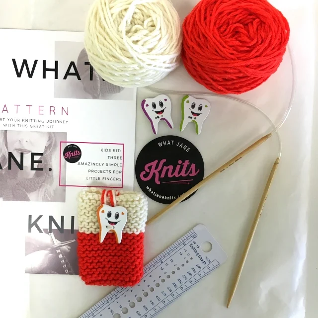 Finished Tooth Pouch and contents of knitting kit