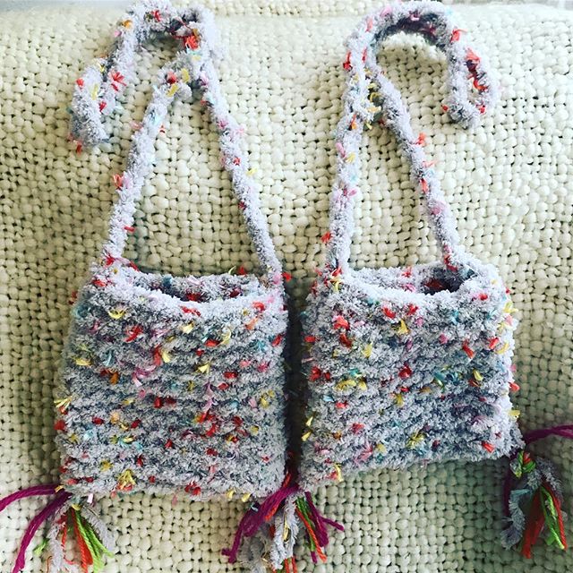 I&rsquo;ve knitted these pretty little bags for my nieces. A great Easter gift with some chocolate eggs inside 💓🐣🦄 #girls #eastergifts #knitting