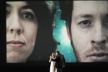 Composer Erin Gee in her opera, SLEEP: an opera, with Bass Baritone Morgan Moody, Zurich Opera House