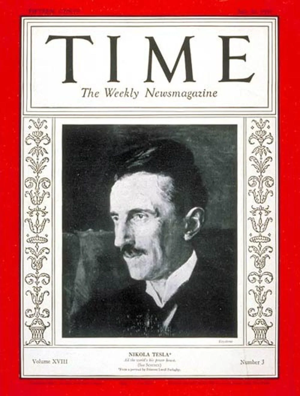 Tesla featured on the cover of Time magazine on his 75th birthday