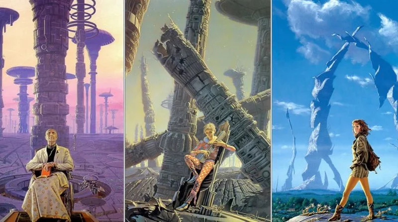 A collage of covers by Michael Whelan from Isaac Asimov's Foundation series. Image: Bantam Books