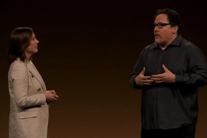Kathleen Kennedy and Jon Favreau at Disney+ investor presentation. Image via Disney
