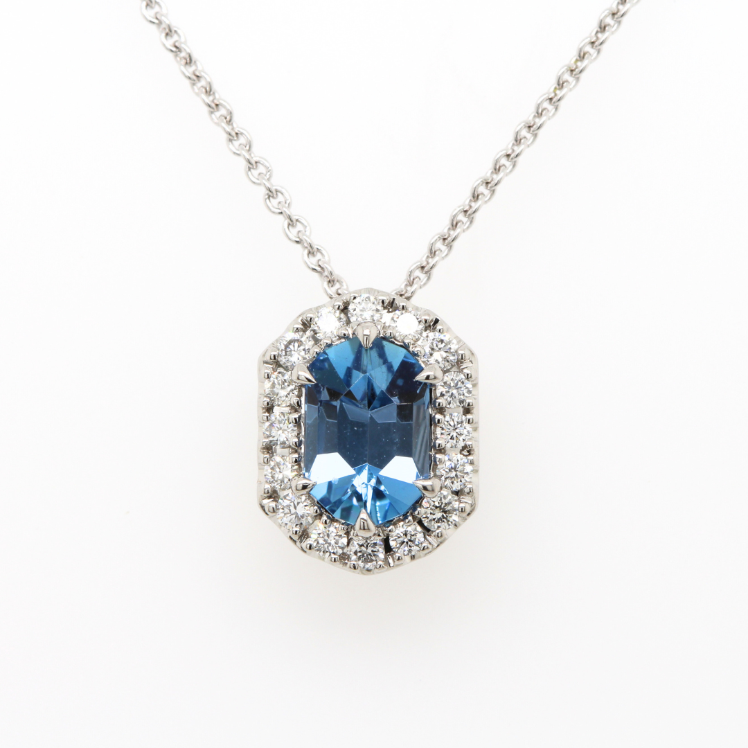 Blue Zircon and Diamond Halo Pendant