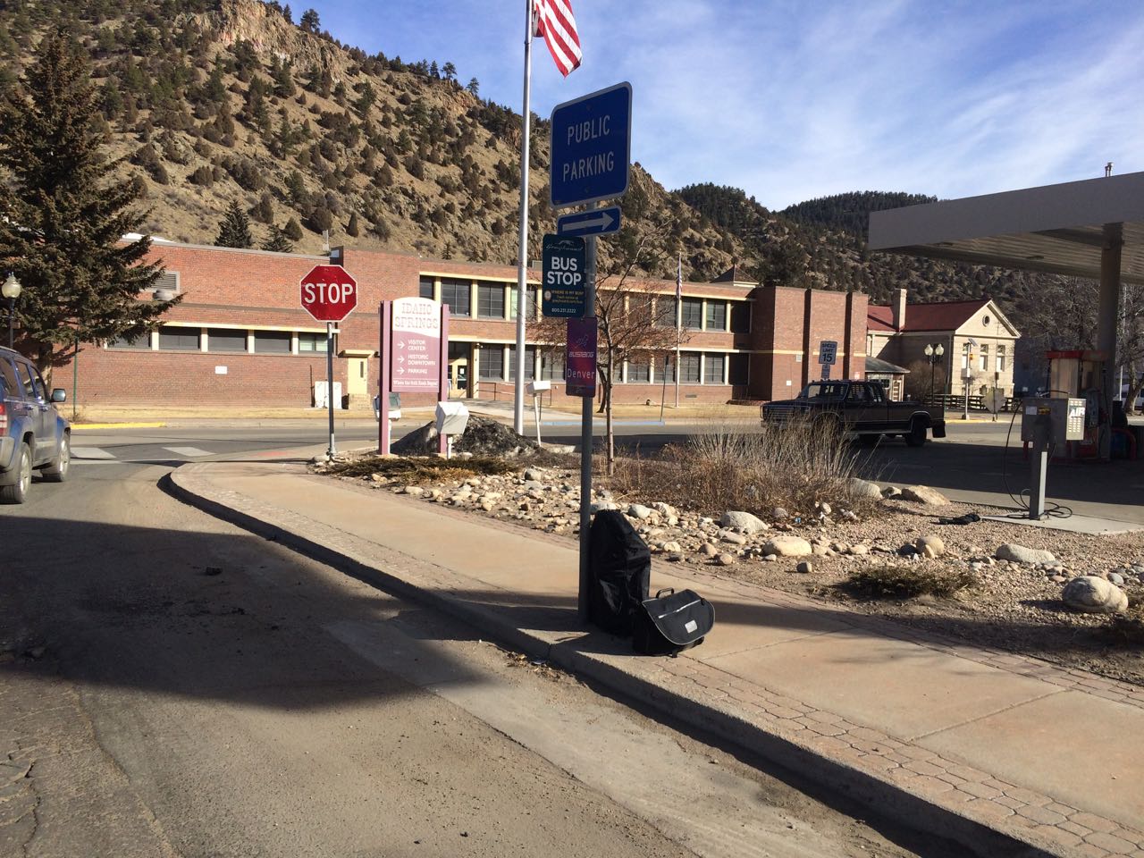 Waiting for the bus in Idaho Springs, Colorado.  Do you see a bike? 