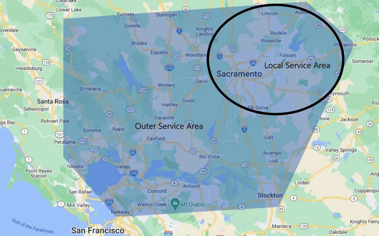 Map of Sacramento area showing local service area and outer service area boundaries.