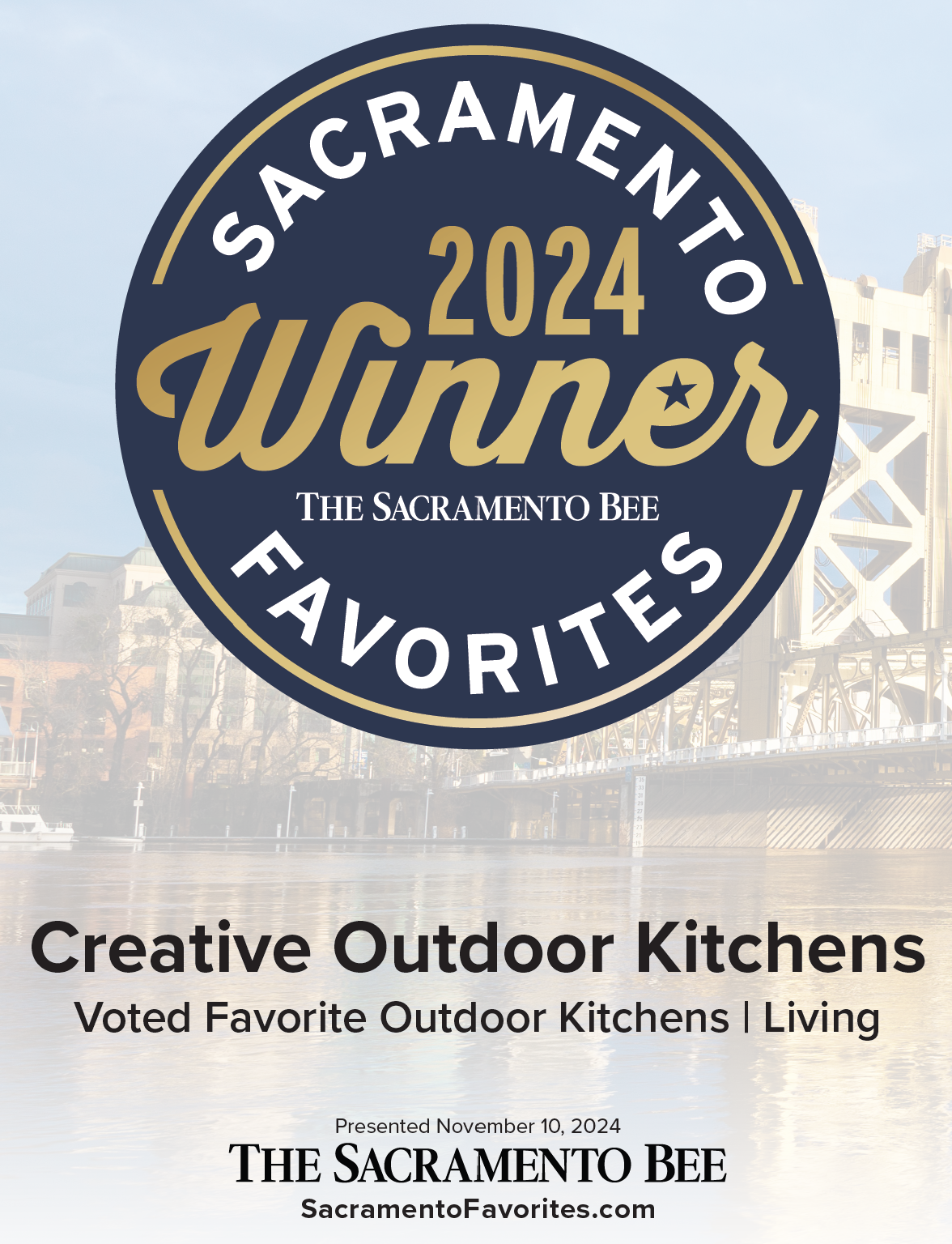 Award badge for Sacramento 2024 Favorite Outdoor Kitchen, presented by The Sacramento Bee, with background showing city buildings and a bridge over water.