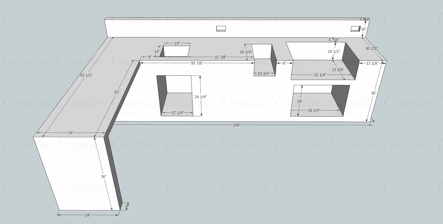 Draft of a kitchen layout with detailed measurements, including rectangular counters, openings for appliances, and various dimensions for walls and cabinets.