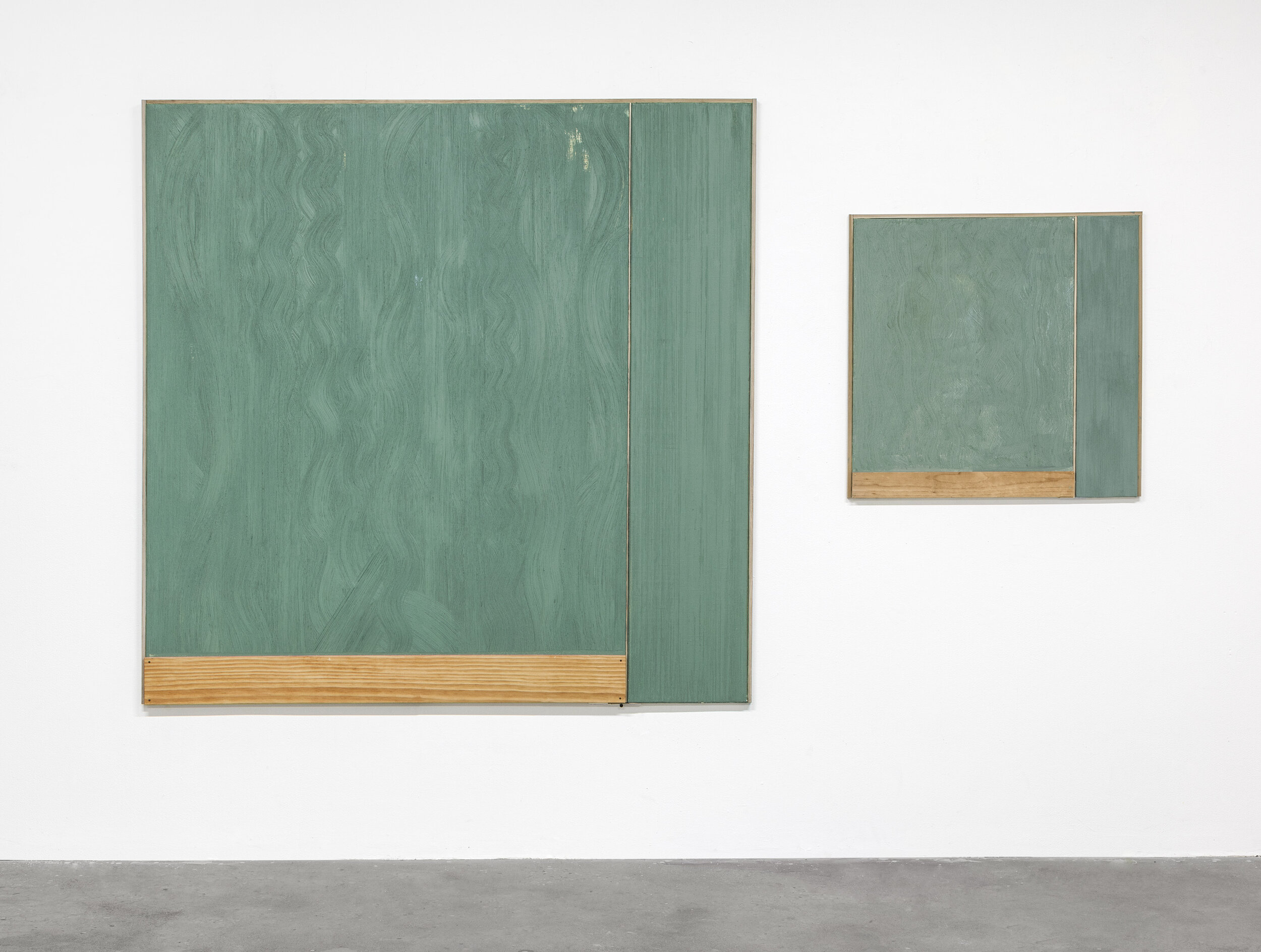    Roman à Clef and Clef (Green Shade) , 2018   Oil and wax on canvas with pine and copper  61 x 61 inches  28.5 x 29 inches   