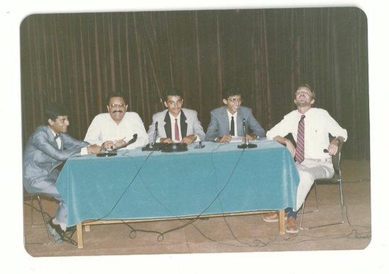 September 1988: Amastropak teleconference with Dr. Christopher McKay. Panelists from left to right: Salman Rashid, Arif Abbasi (Director, Karachi Planetarium), Ali Kamran, Salman Hameed, and Larry Corwin (Director, American Centre)