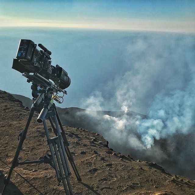 Filming atop Stromboli volcano. It has been putting on a show for us. Picking off some details on the Canon CN20x50 at 240 FPS on the Sony AXS-R7. 3rd time up today!!! #ThePlanets #documentary #BBC #astronomy #sony #canon #bts #setlife #cameradept #i