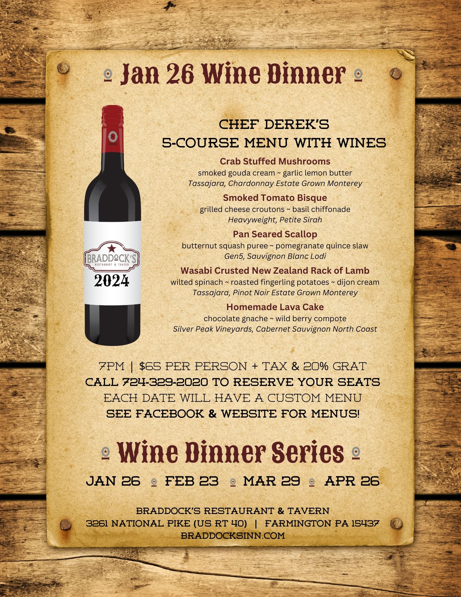 Chef Derek's Wine Dinner — Braddock's Restaurant & Tavern