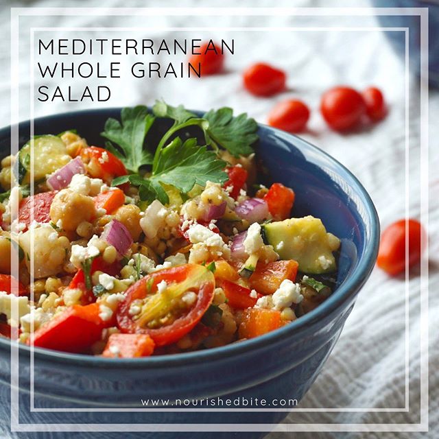 Looking for a new summer salad? 🥗 .
.
This Mediterranean Whole Grain Salad contains a wealth of wholesome foods that all meld together to make the perfect savory salad.
.
.
Filled with tomatoes, squash, onions, sorghum, chickpeas and more, it&rsquo;