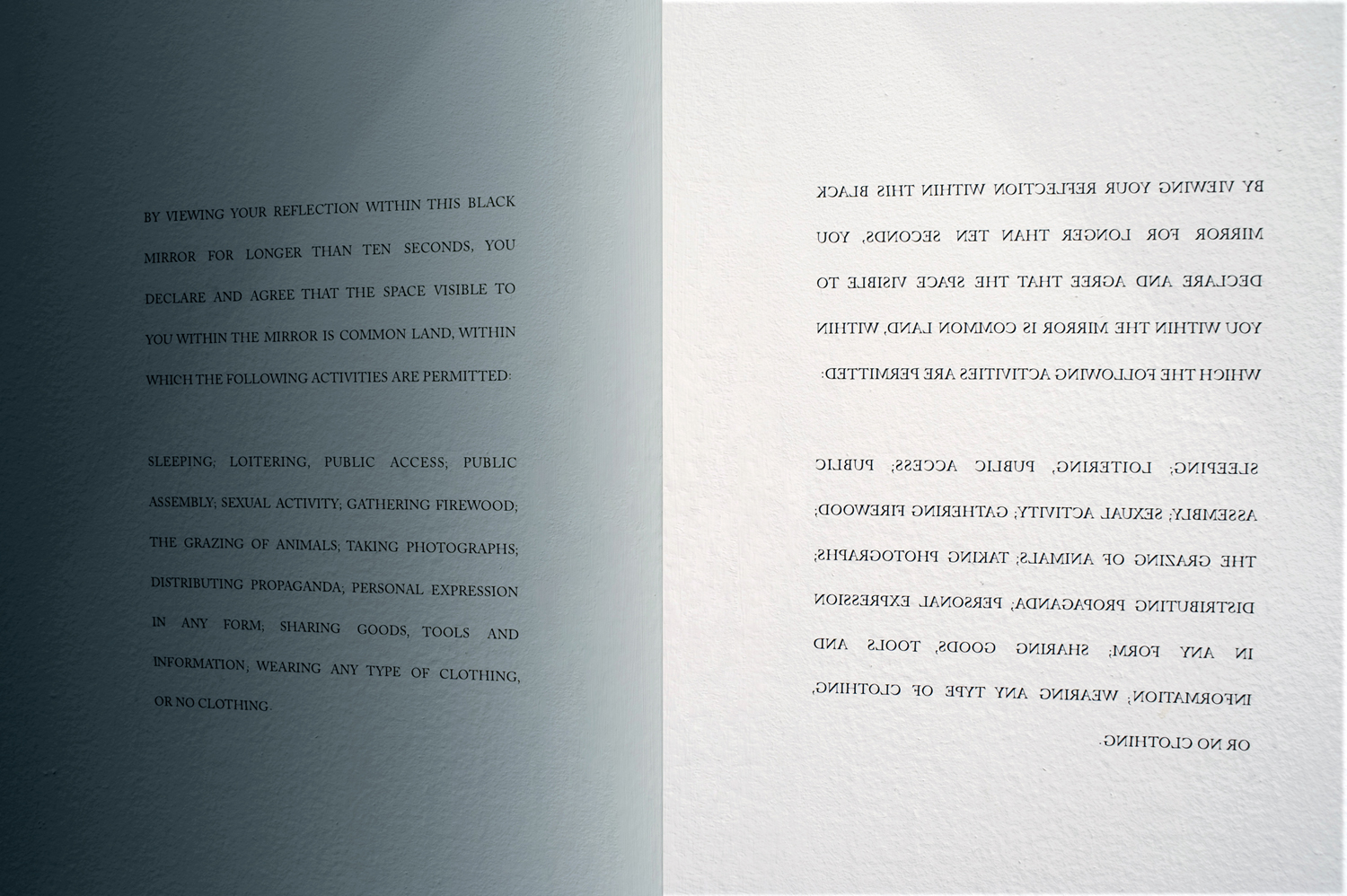  Carey Young,&nbsp;2010, Obsidian Contract, &nbsp;vinyl text and black mirror. First exhibited at Paula Cooper Gallery, New York 