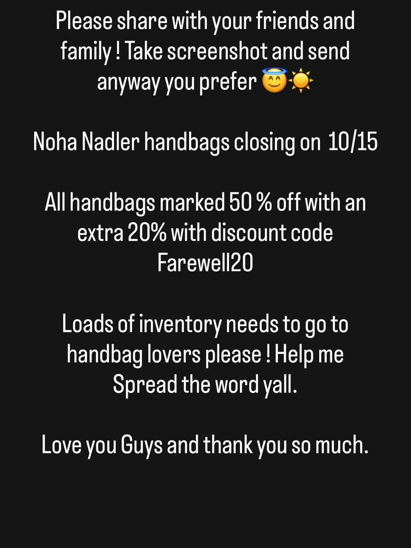 Countdown time ..... shop , share and I will be forever grateful! 

How to shop : Nohanadler.com

Local Bham orders: choose local pickup and i will deliver . 

Don't forget to shop for Christmas or bdays ! Every women needs and loves a handbag . 

Do