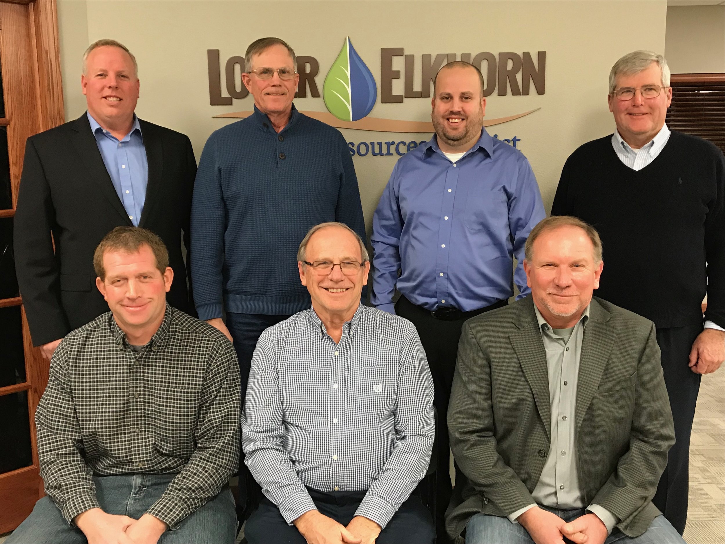 The board also elected officers for 2019. Pictured here is the Executive Board: (back row, from left to right): Joel Hansen, Wayne, Nebraska Association of Resources Districts (NARD) Alternate; Dennis Schultz, Wisner, Past-Chairman; Scott McHenry, Norfolk, NARD Delegate; David Kathol, Norfolk, Treasurer. (Front row, from left to right): Matt Steffen, West Point, Secretary; Gary Loftis, Craig, Chairman; and Kurt Janke, Wayne, Vice-Chairman.