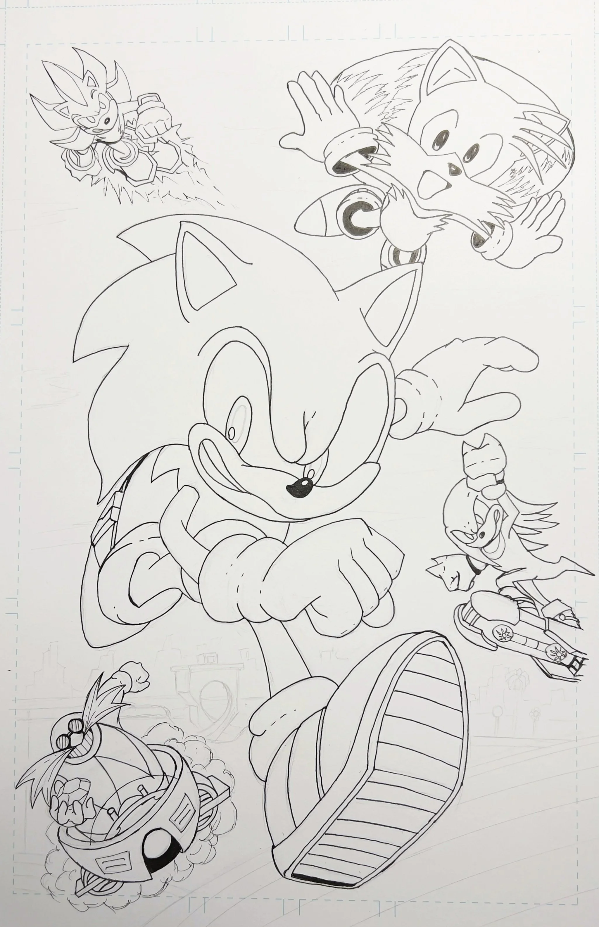 Sonic & Friends - In Progress Pen & Ink