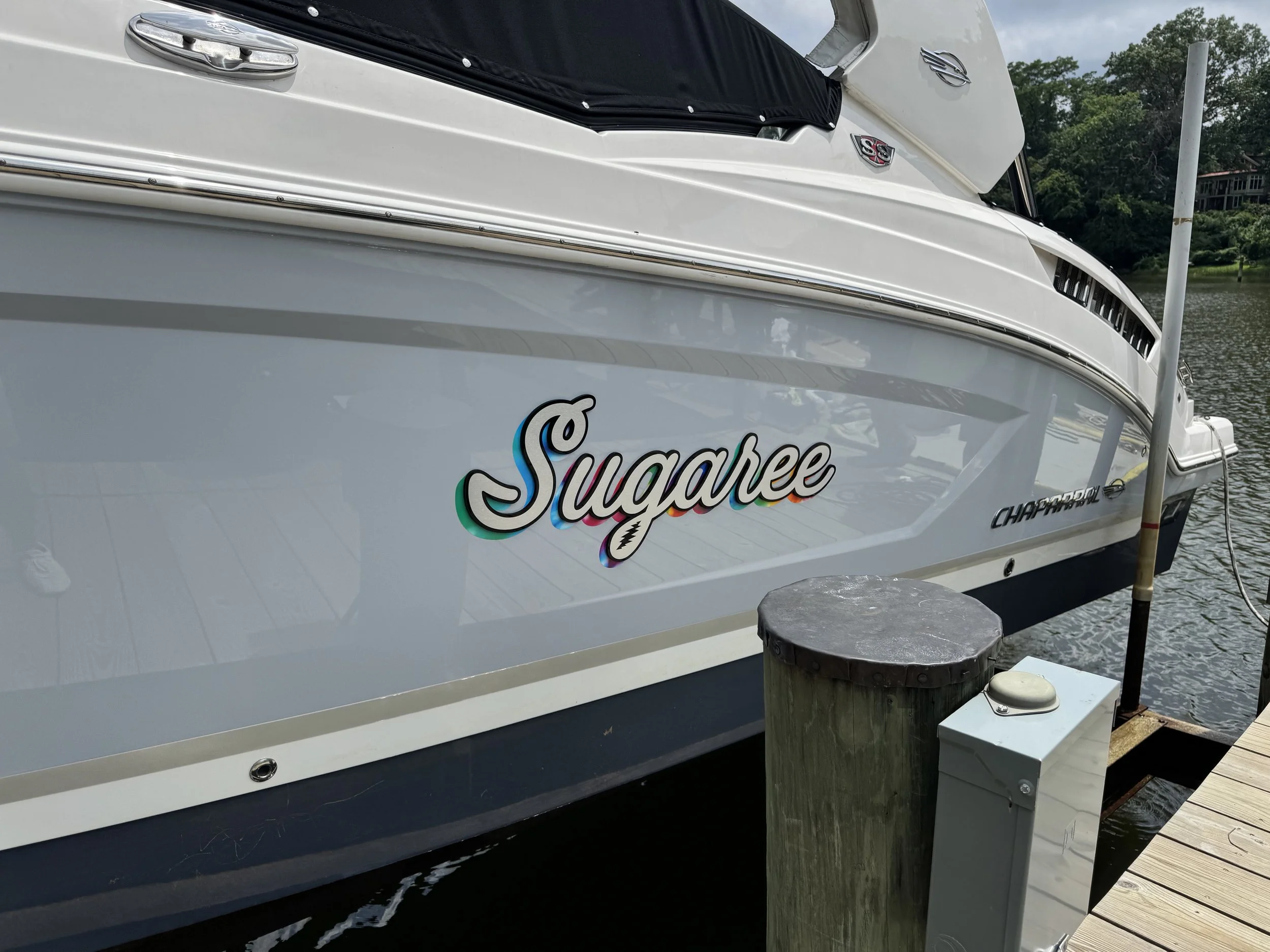 Raised black acrylic letters with 22k silver leaf vinyl lettering