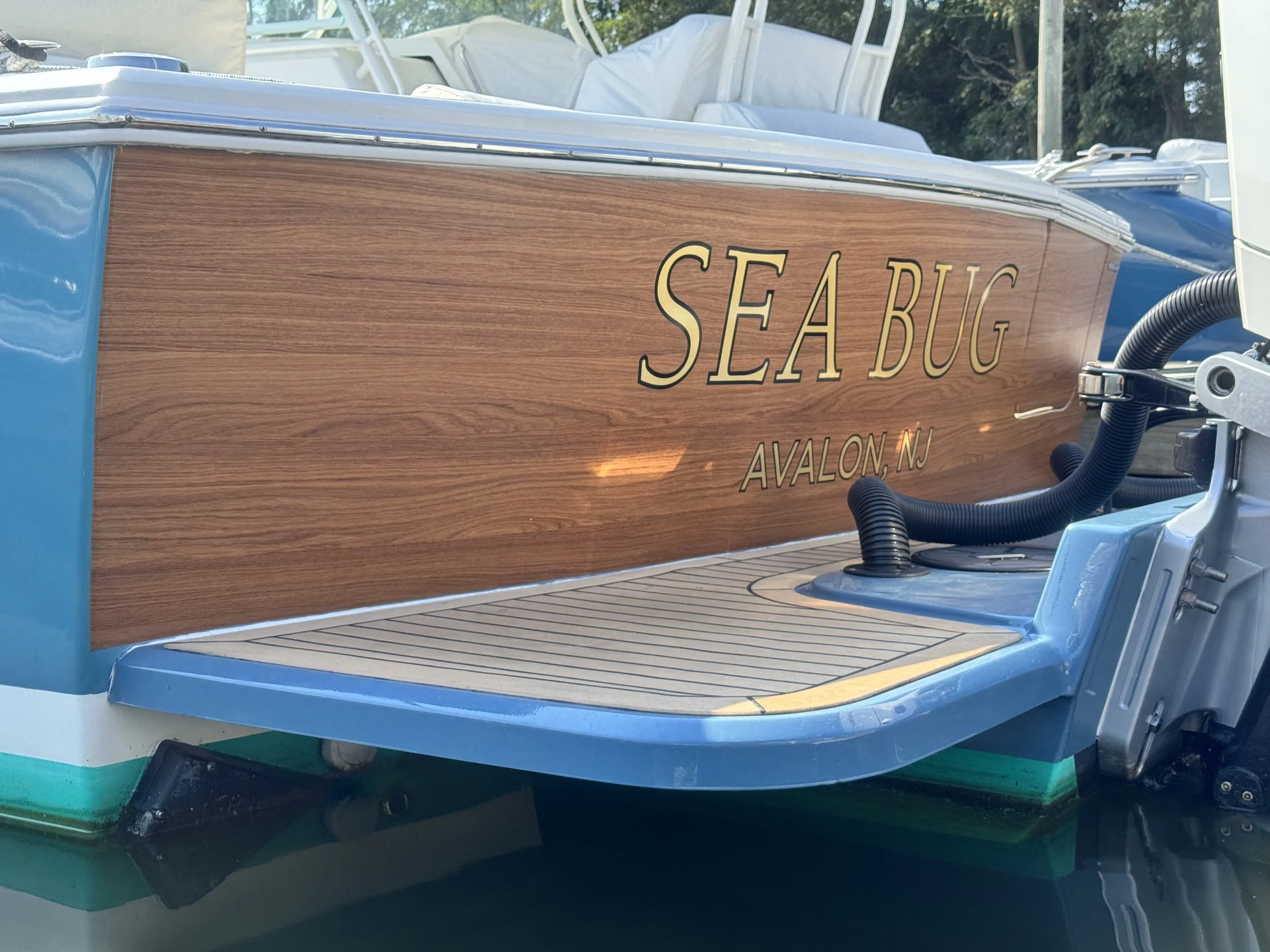 Faux wood grain vinyl transom wrap with 22k burnished gold leaf name graphics