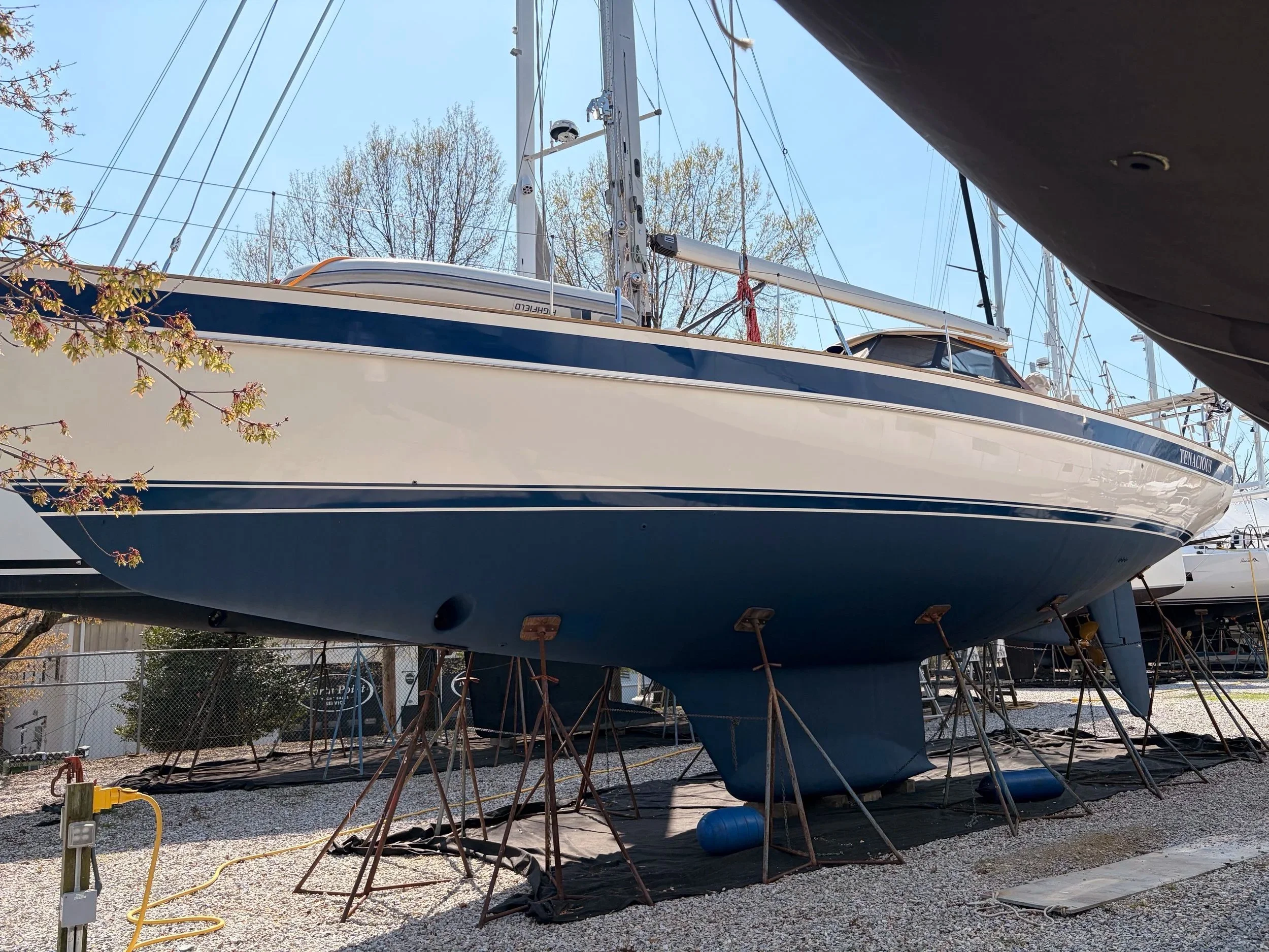 Custom blue vinyl cove and boot stripes