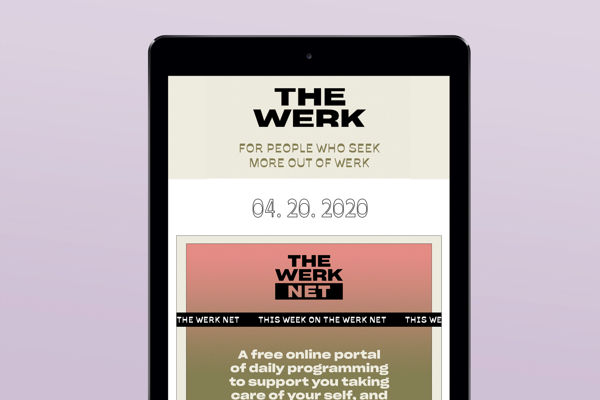 Mindful of the hierarchy, I made sure the copy was concise and the call to action was clear. Along the way I became familiar with Mailchimp and got to refresh my html/css skills. Client: The Werk Art Direction & Branding: Kastor + Pollux Inc.