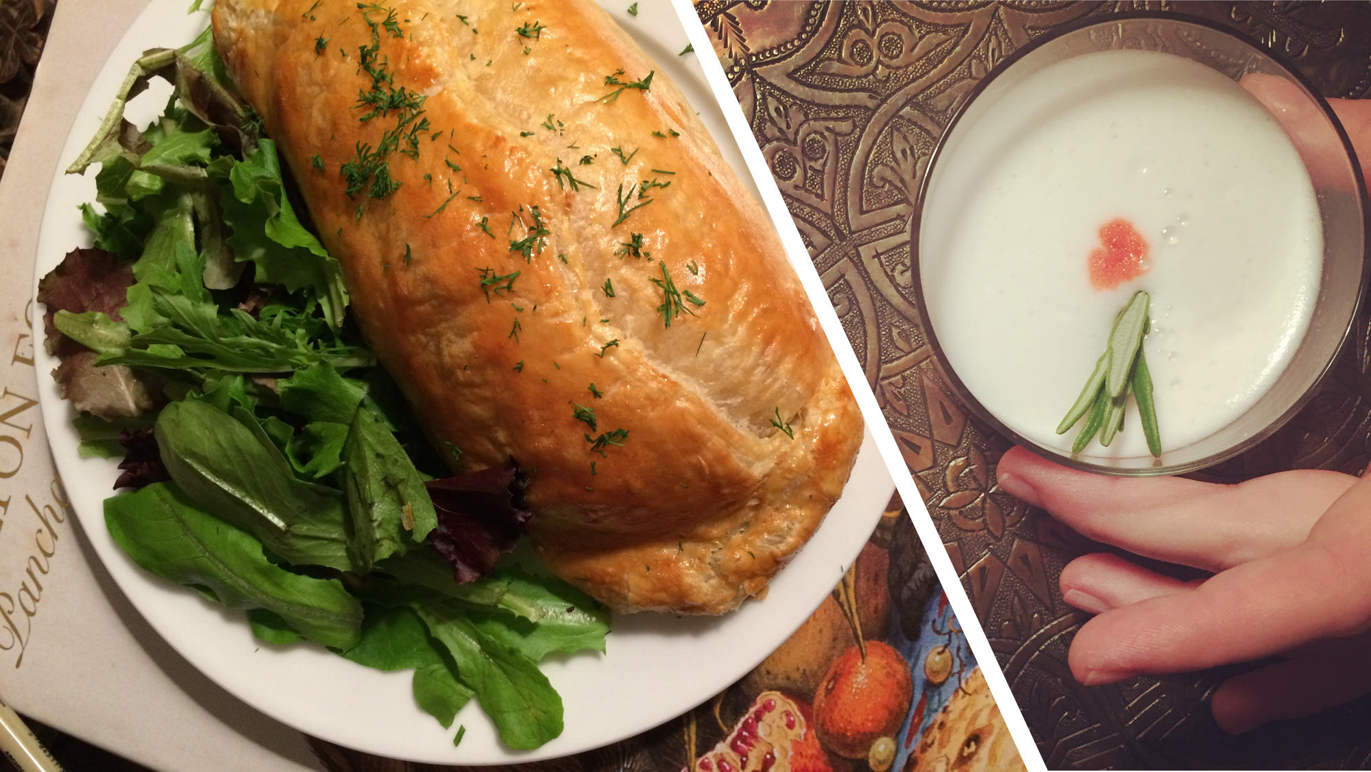 Left: Kulebyaka, which is a Russian salmon pie with rice and mushrooms. Right: a riff on a White Lady cocktail (lemon juice, gin, egg white) with rosemary and Peychaud's bitters.