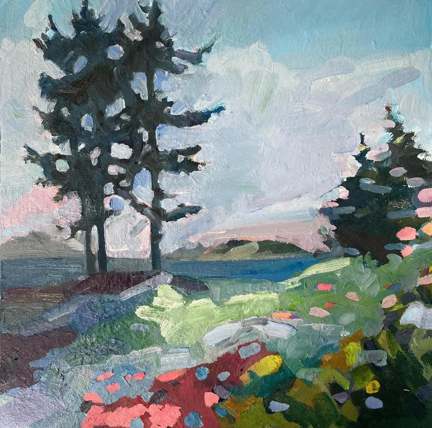 summer sunset
16x16
oil on oak board

dm me for availability.
.
.
#mainecoast #mainecoastline #oilpainting #painting #artforsale #artistsoninstagram #landscapepainting #summervibes #summersunset