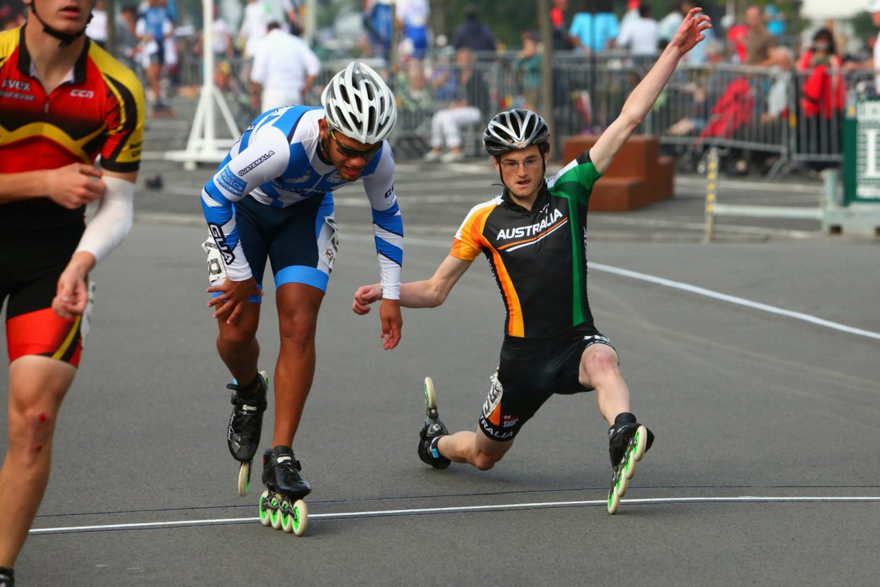 I was looking for an image of someone barely crossing the finish line, and this came up, which just had to be used for something.&nbsp; I think that move he is doing is on purpose?