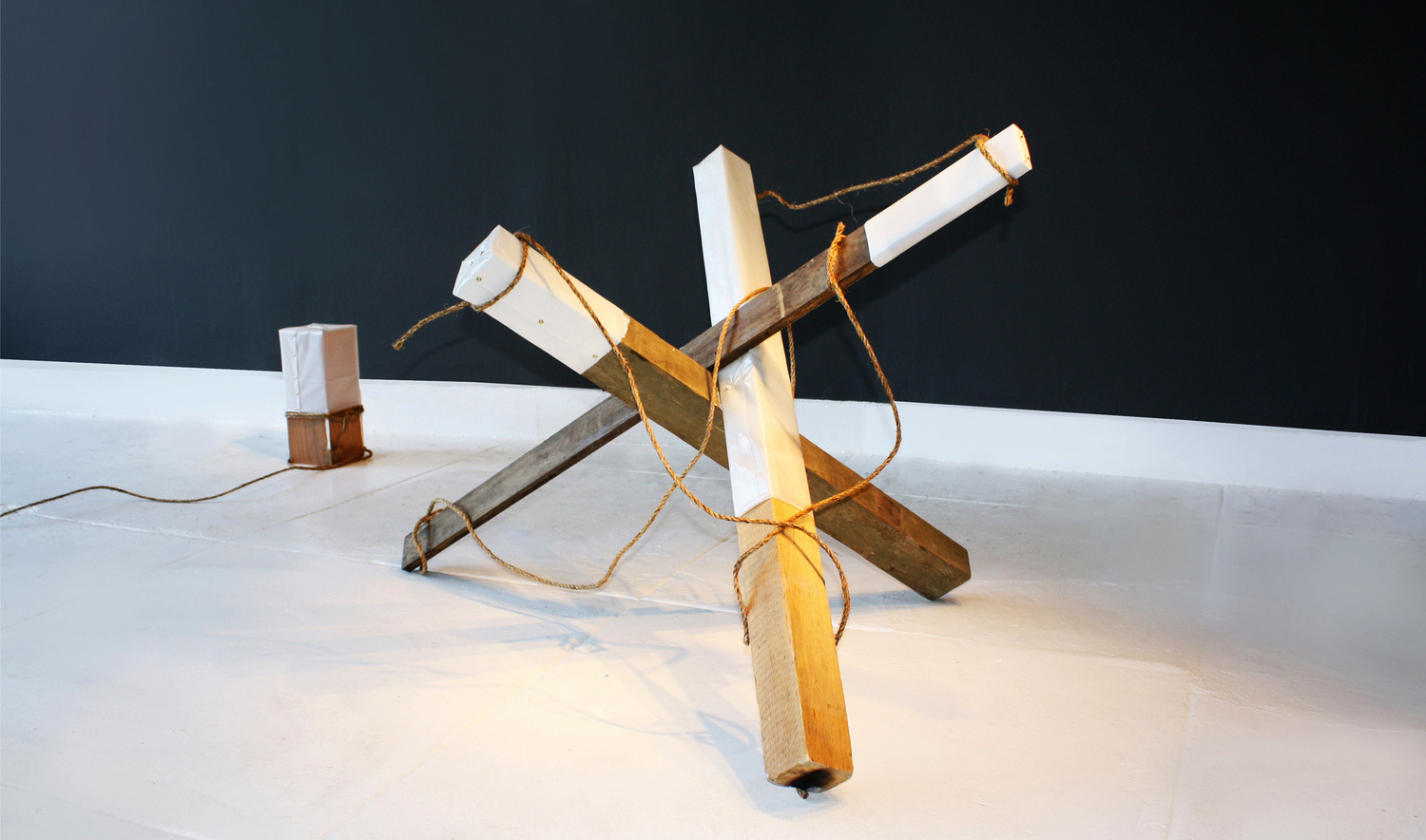 BARRICADE SCULPTURE - visqueen, rope, wood, gold tacks - dimensions variable