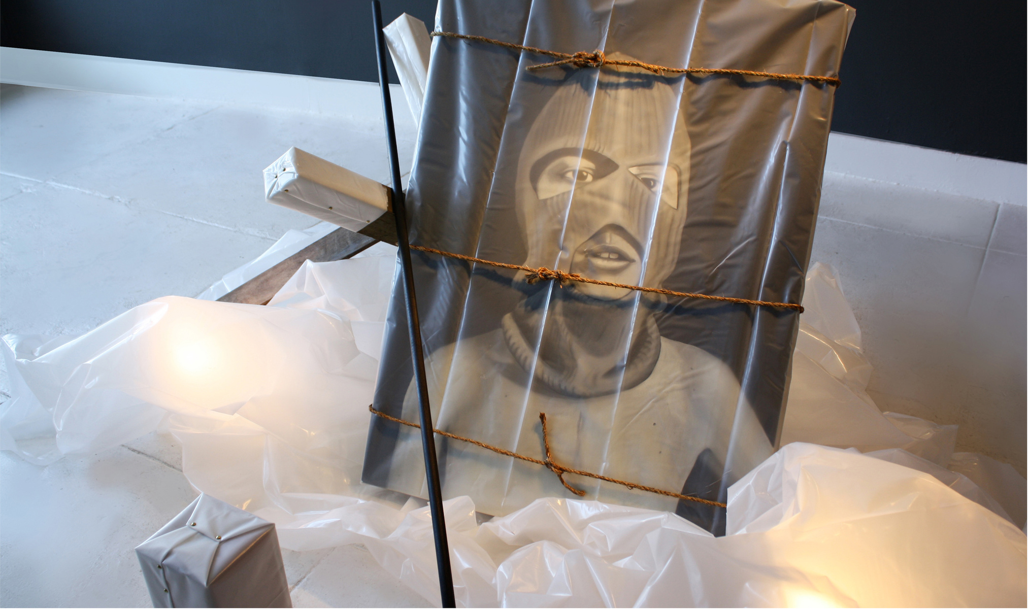 BARRICADE INSTALLATION - oil on canvas, visqueen, rope, wood, lighting