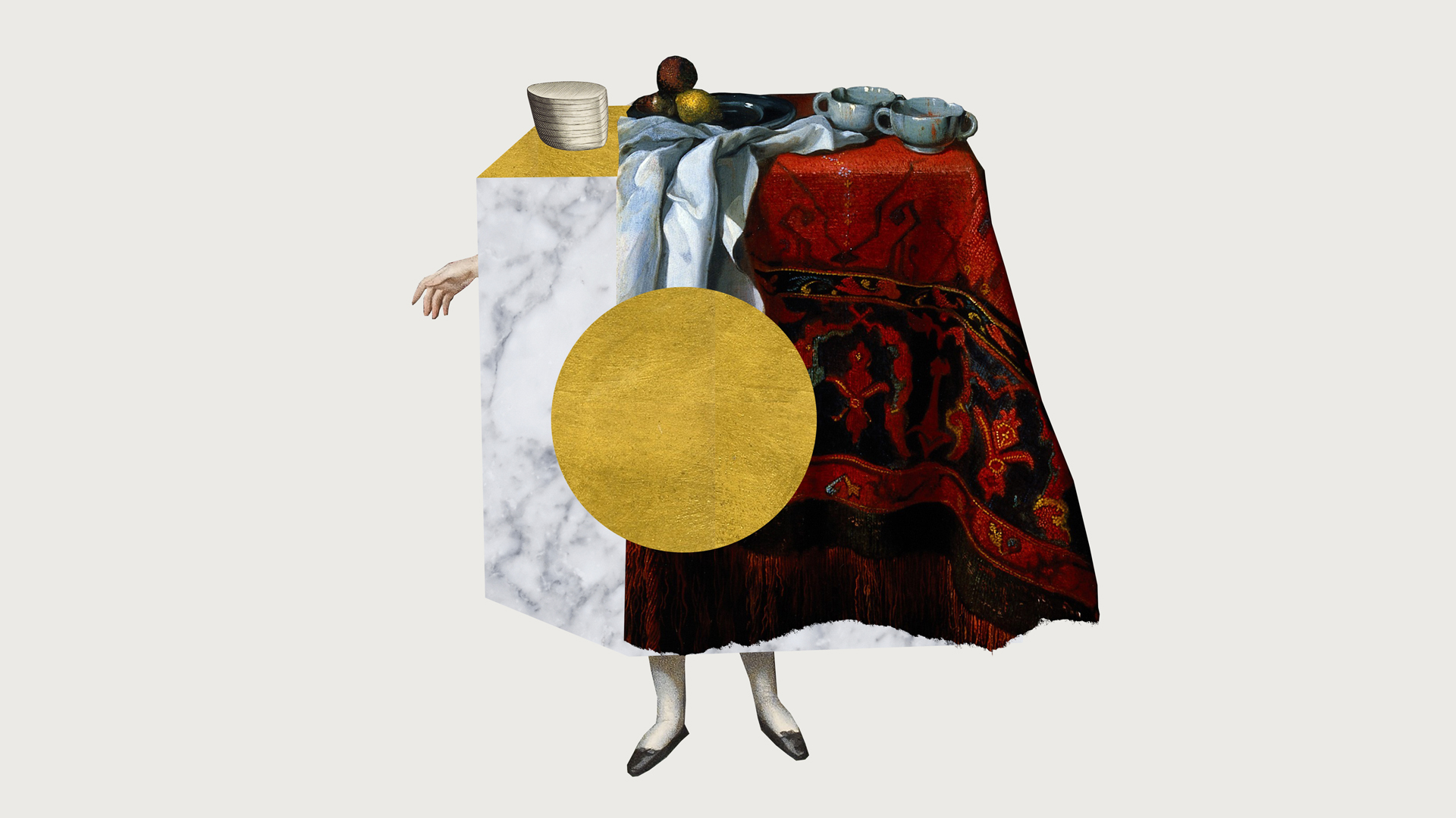 SHE MADE THE TABLE WITH MARBLE AND GOLD - printed collage, acrylic, gold leaf
