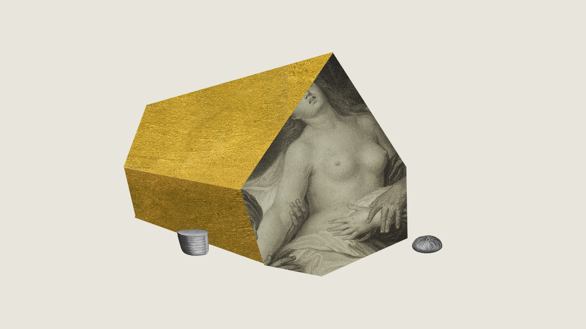 CONSTRAINED SHAPE #1 - printed collage, acrylic, gold leaf