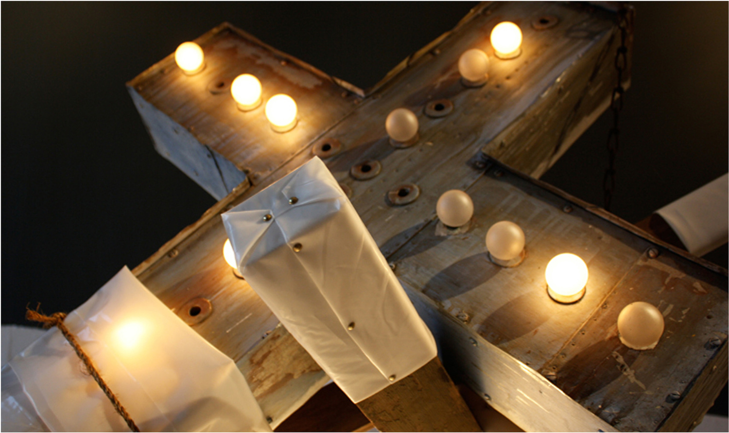 SCULPTURE INSTALLATION DETAIL - acrylic on metal, visqueen, rope, wood, lighting