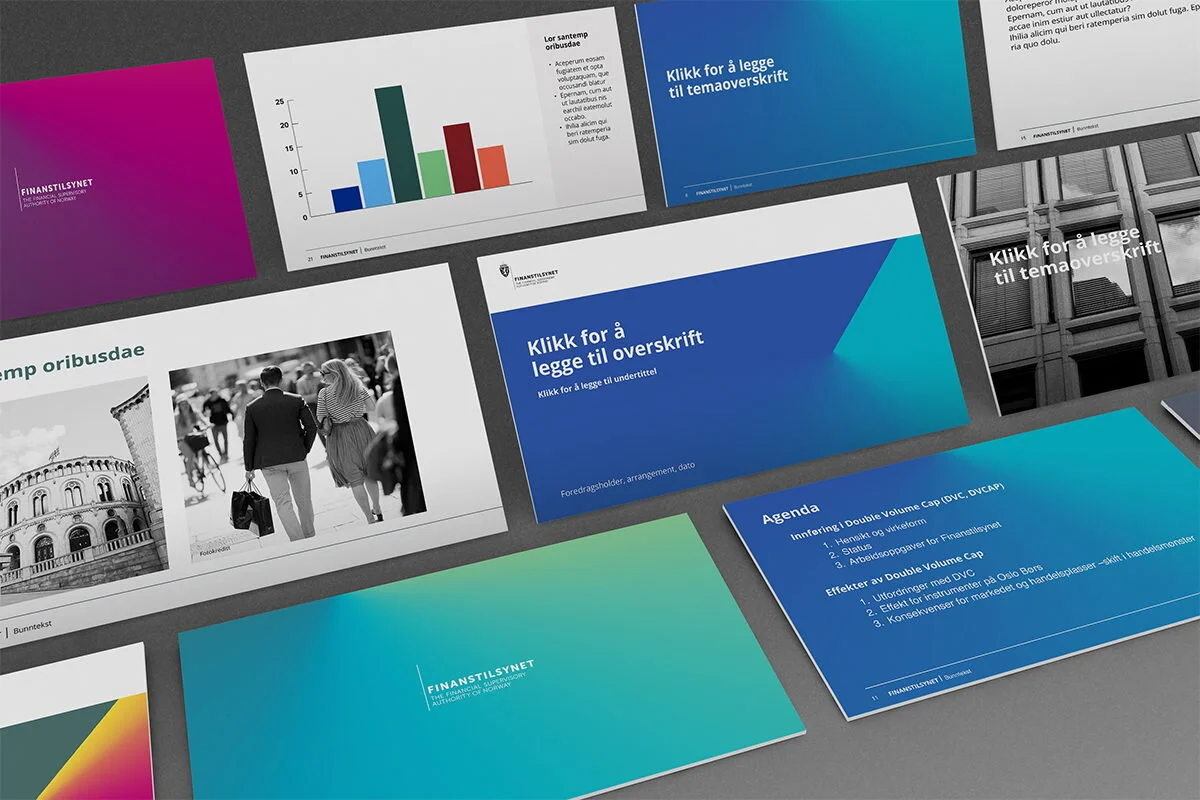 Oppsett av Powerpoint-mal for Finanstilsynet. Design av Uniform