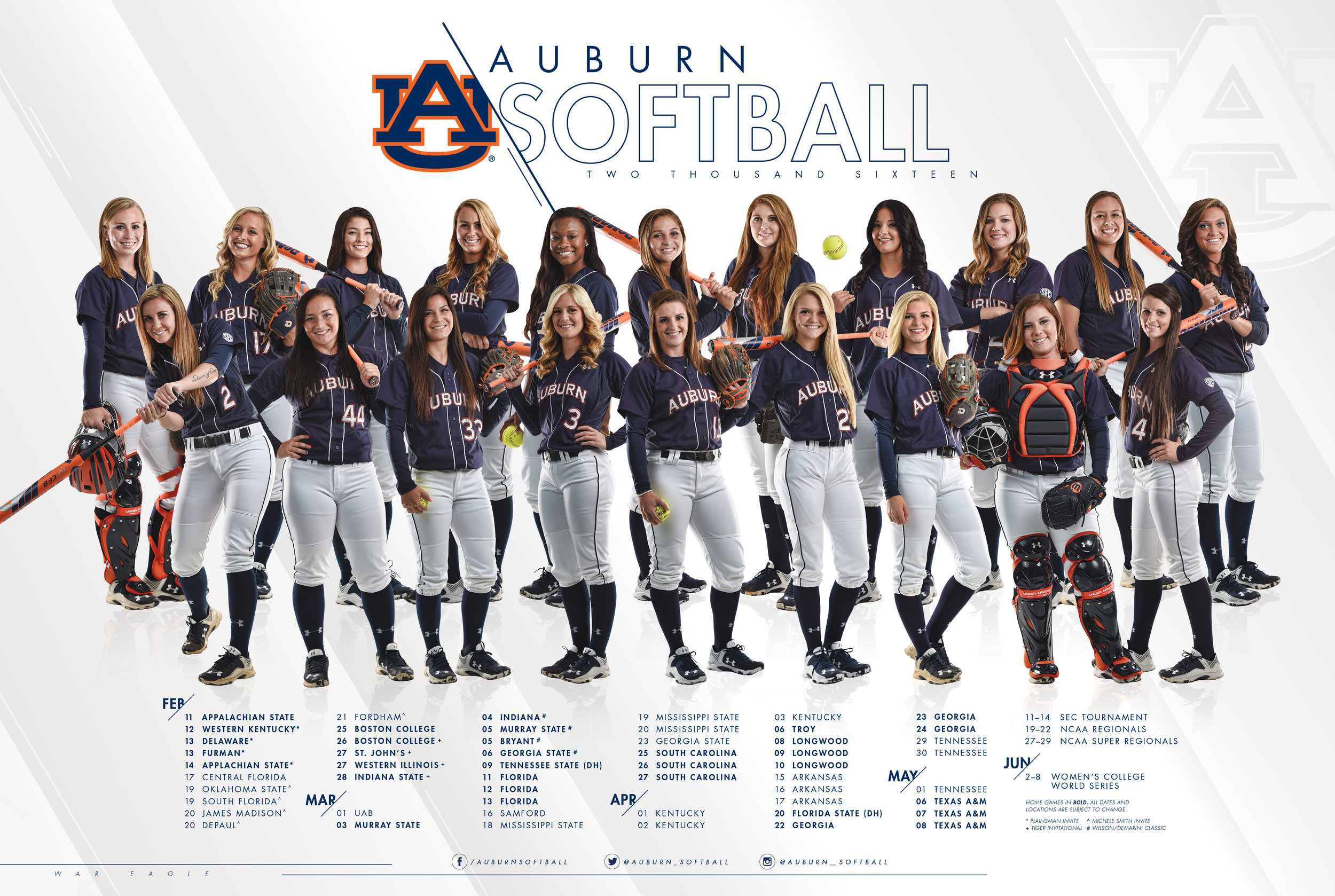 One of three Auburn Softball posters designed for the 2016 season, featuring all underclassmen.