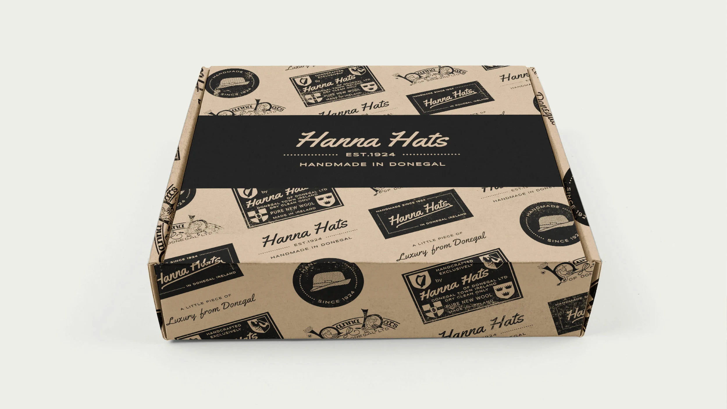 The third option is incorporating the retro logos charting the history of the brand printed in black onto the box. We really love this one too, it’s unique and personalised to Hanna Hats and would make a stylish choice.