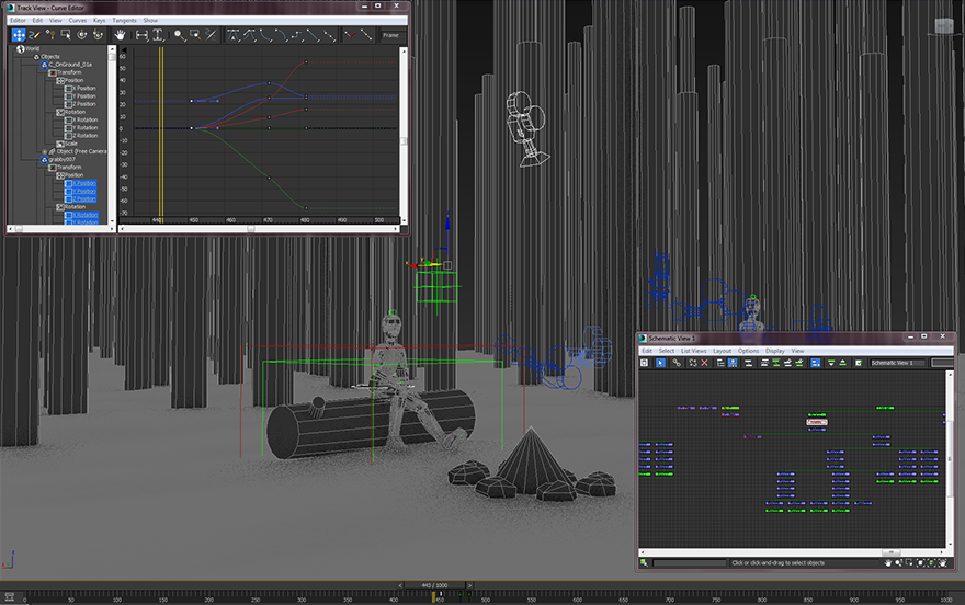 Screenshot of my work set up. Can see rough animations and hierarchies here.