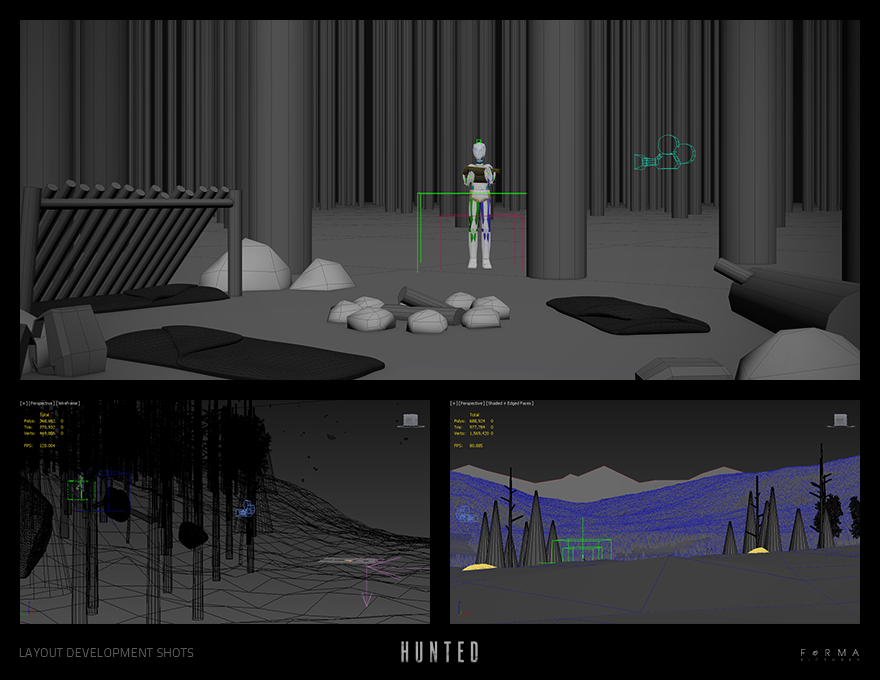 Some screen captures of the layout scenes. I'm using 3Ds Max.