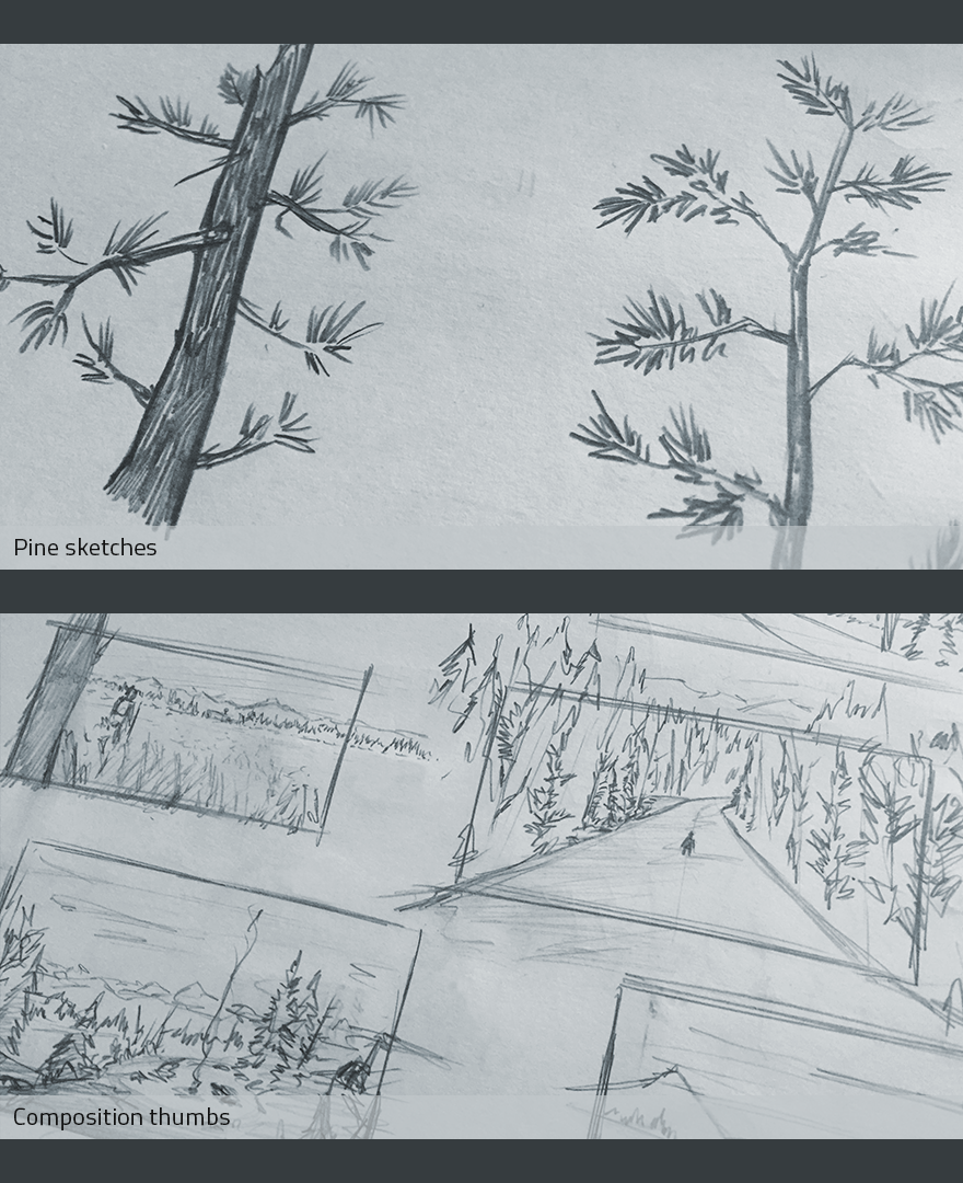 Rough drawings straight from the sketchbook. See? Don't be afraid to just get the vague idea across. The pine trees are just squiggles, but they read.